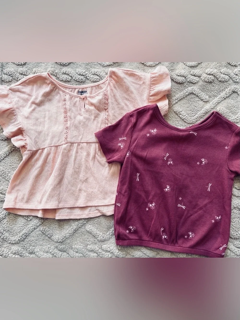 OshKosh Girls 6/6X Short Sleeve Shirt Lot - Waffle Knit Flare Blouse, 2pc Bundle